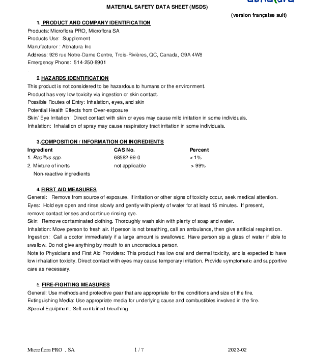 Microflora PRO - Material safety data sheet (MSDS)