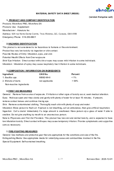 Microflora PRO - Material safety data sheet (MSDS)